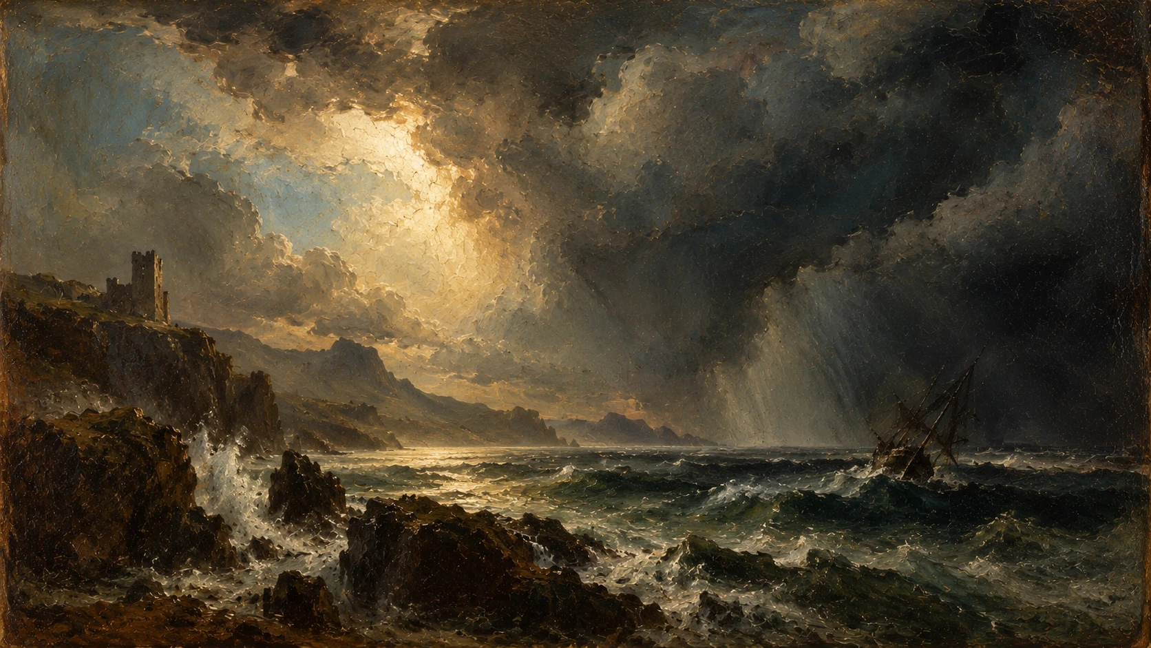 Oil painting of a ship caught in a storm off a rocky coast, a castle on the cliff above